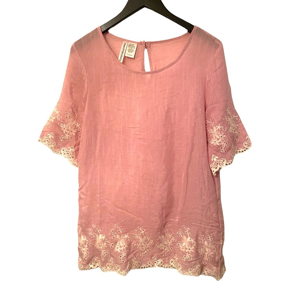 Forgotten Grace Blouse Small Pink Embroidered Cotton Tunic Short Sleeve